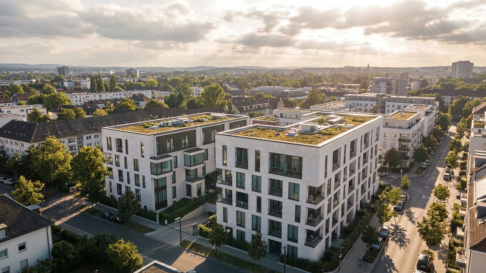 Drohnenaufnahme über dem Quartier Ammerfeld im Abendlicht